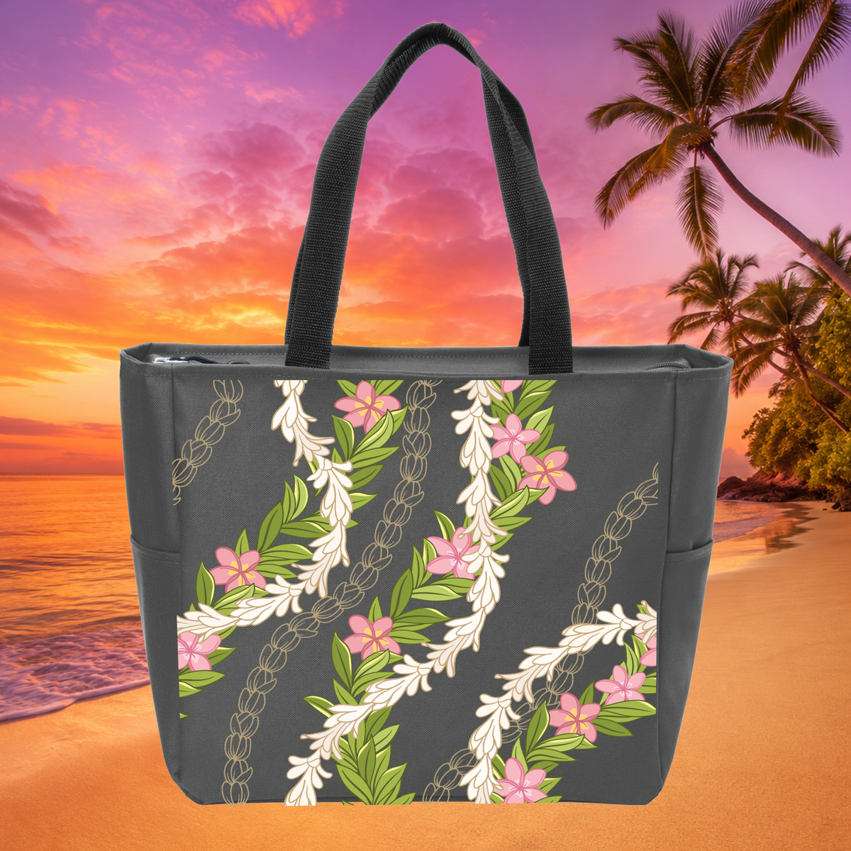 Maile Pikake Plumeria Hawaiian tropical zippered tote bag in charcoal