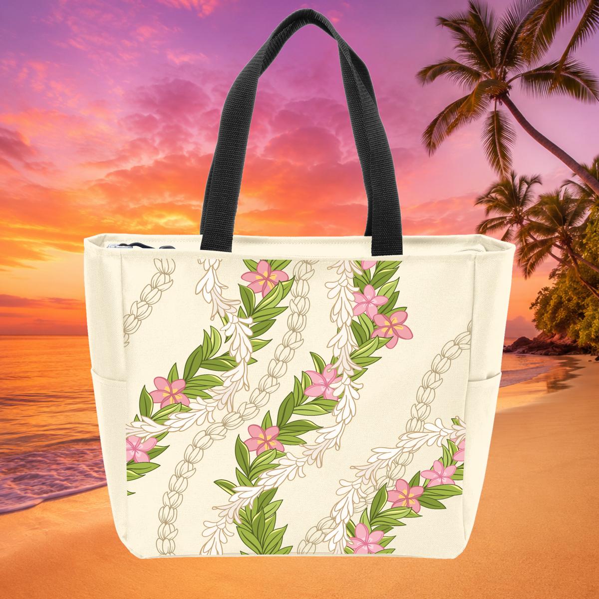 Maile Pikake Plumeria Hawaiian tropical zippered tote bag in stone