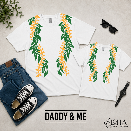 Maile Puakenikeni Daddy and Me matching lei shirts in white