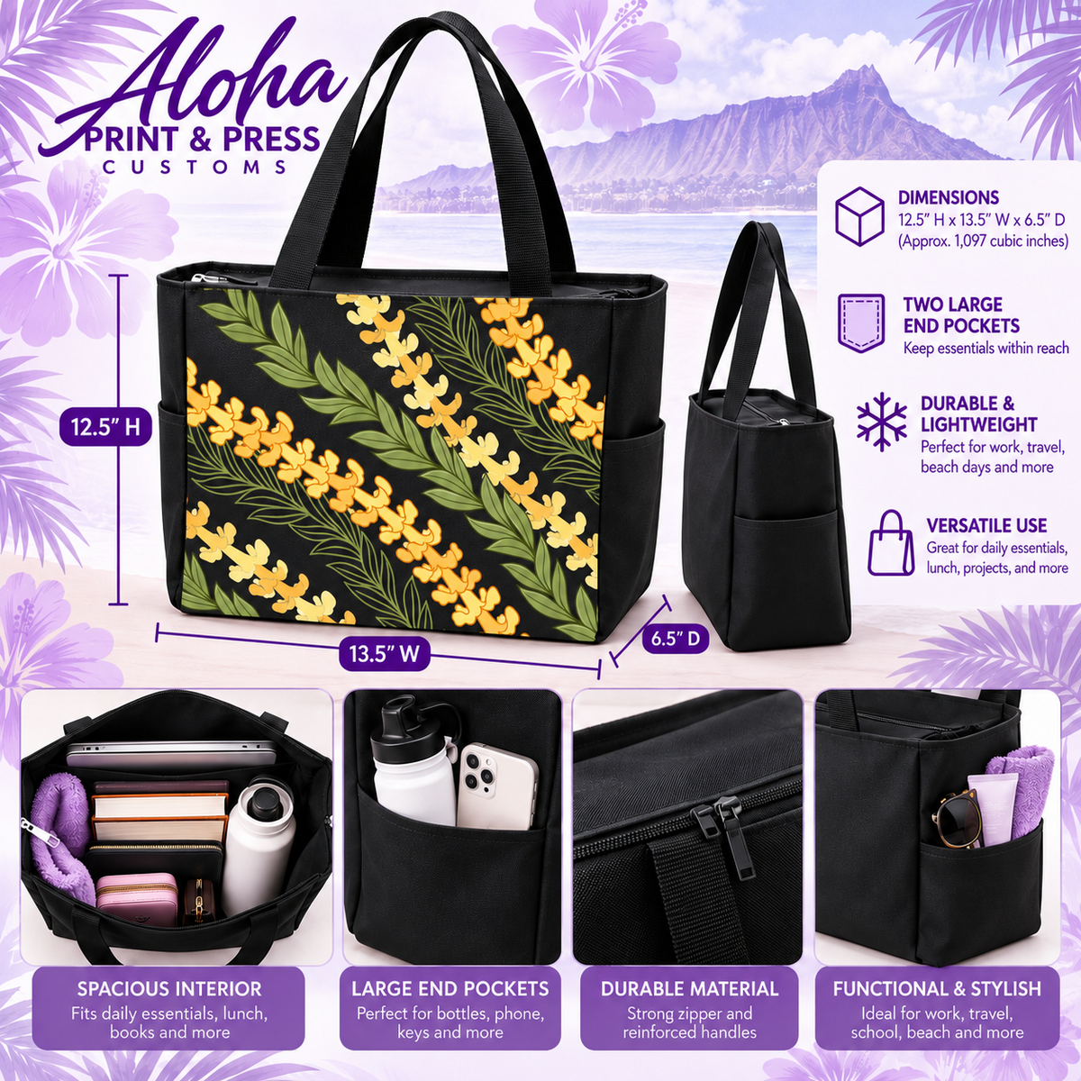 Maile & Puakenikeni Hawaiian zippered tote bag product details in black