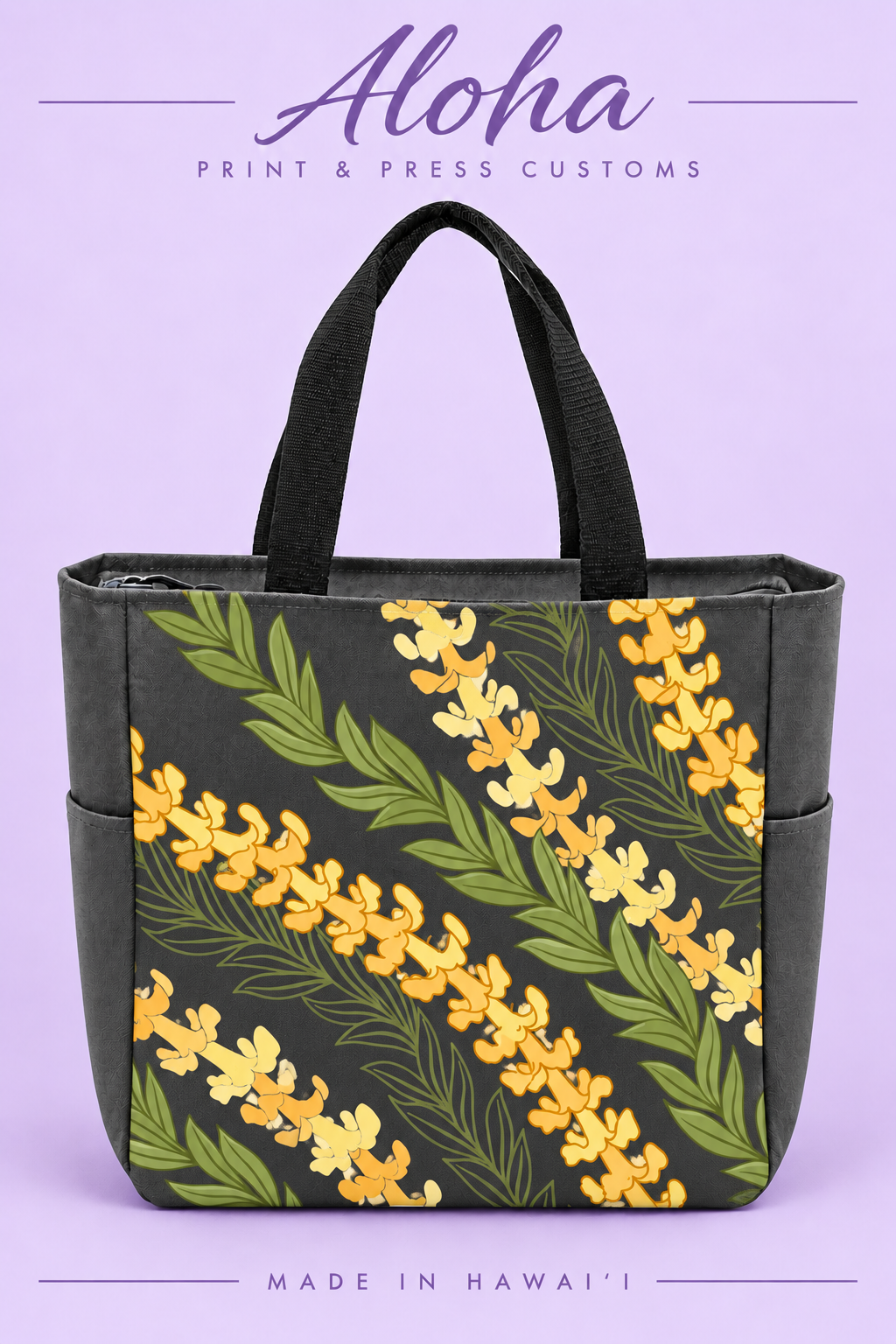 Maile & Puakenikeni Hawaiian zippered tote bag in charcoal