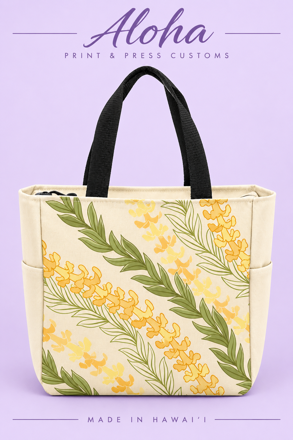 Maile & Puakenikeni Hawaiian zippered tote bag in stone