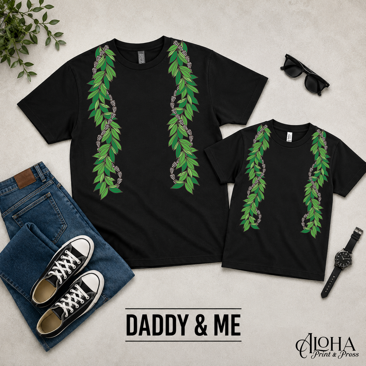 Maile Seashell Daddy and Me matching lei shirts in black