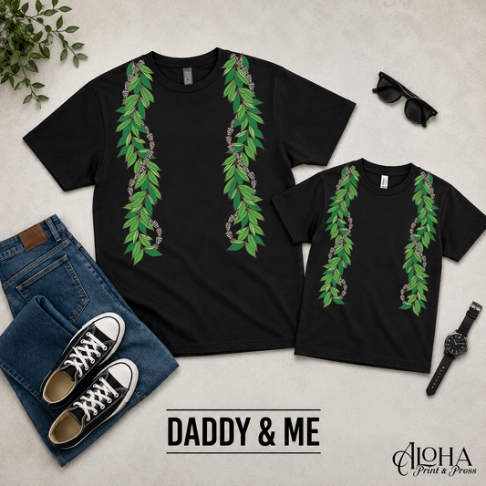 Maile Seashell Daddy and Me matching lei shirts in black