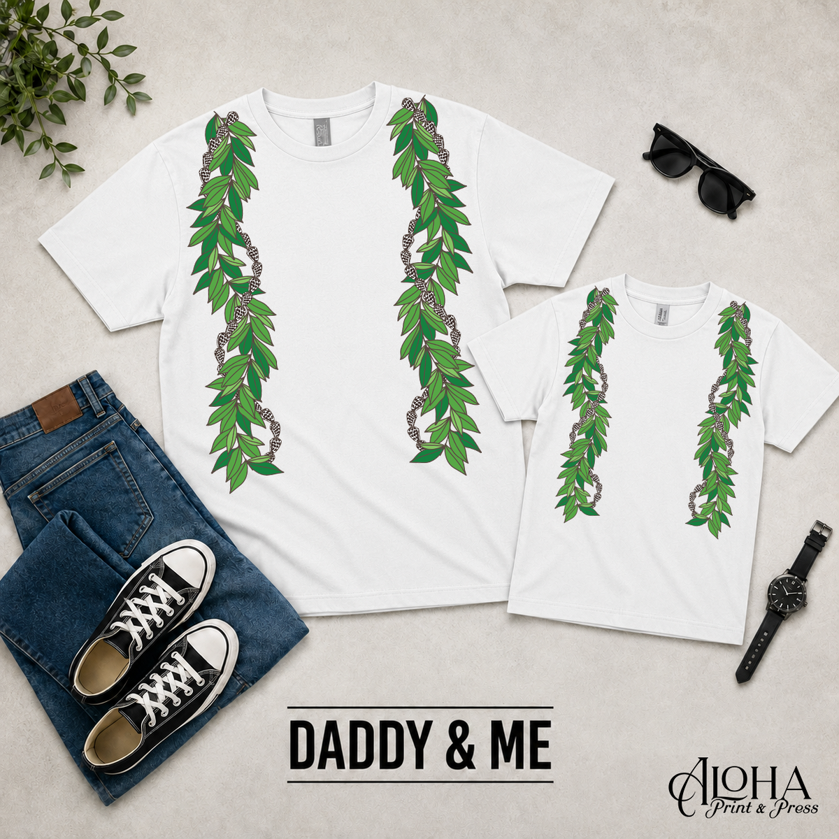 Maile Seashell Daddy and Me matching lei shirts in white