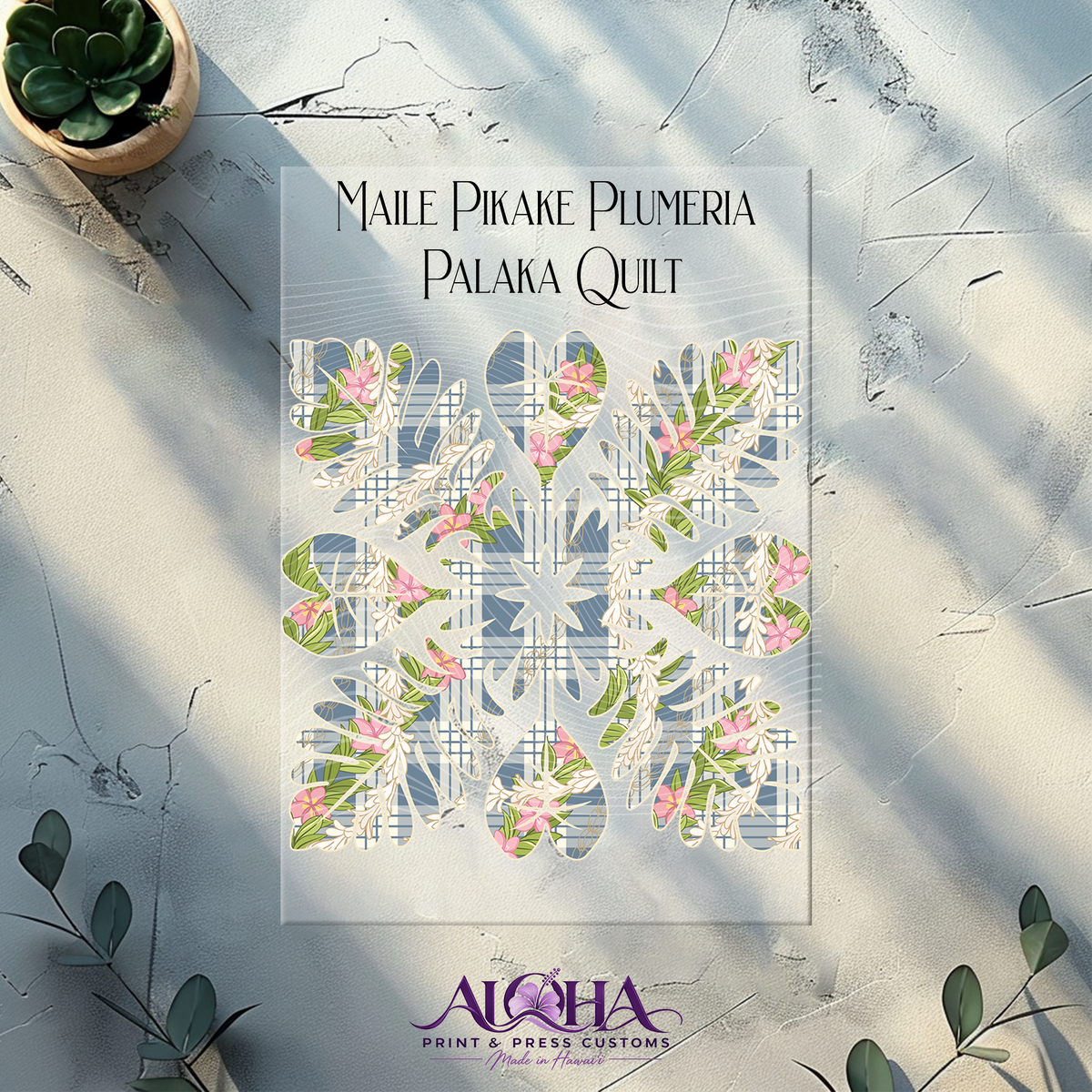 Maile Pikake Plumeria Palaka Quilt DTF transfer in Blue