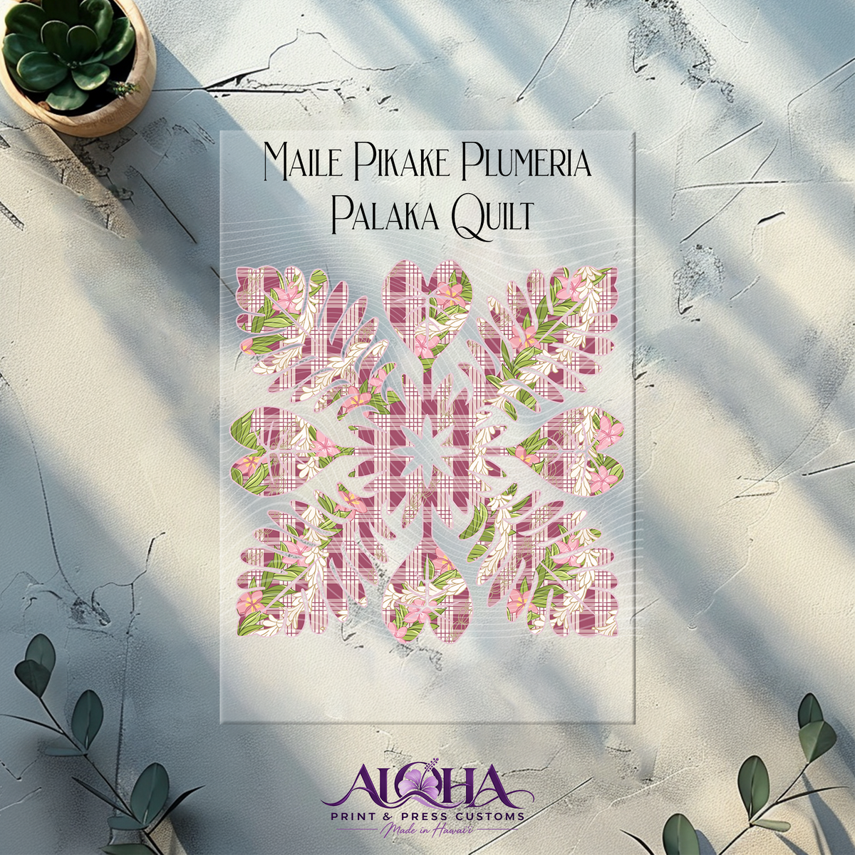 Maile Pikake Plumeria Palaka Quilt DTF transfer in Cranberry