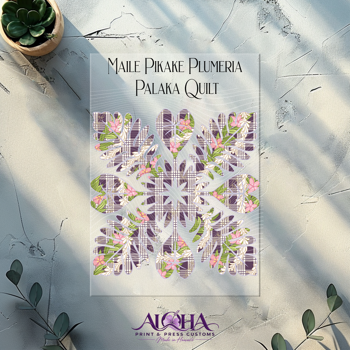 Maile Pikake Plumeria Palaka Quilt DTF transfer in Deep Plum