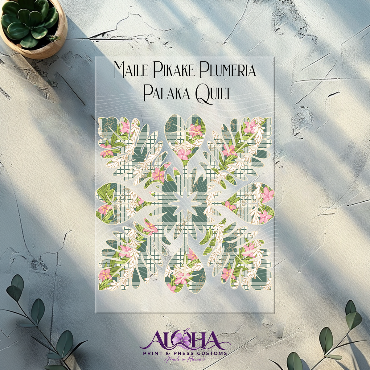Maile Pikake Plumeria Palaka Quilt DTF transfer in Forest Green