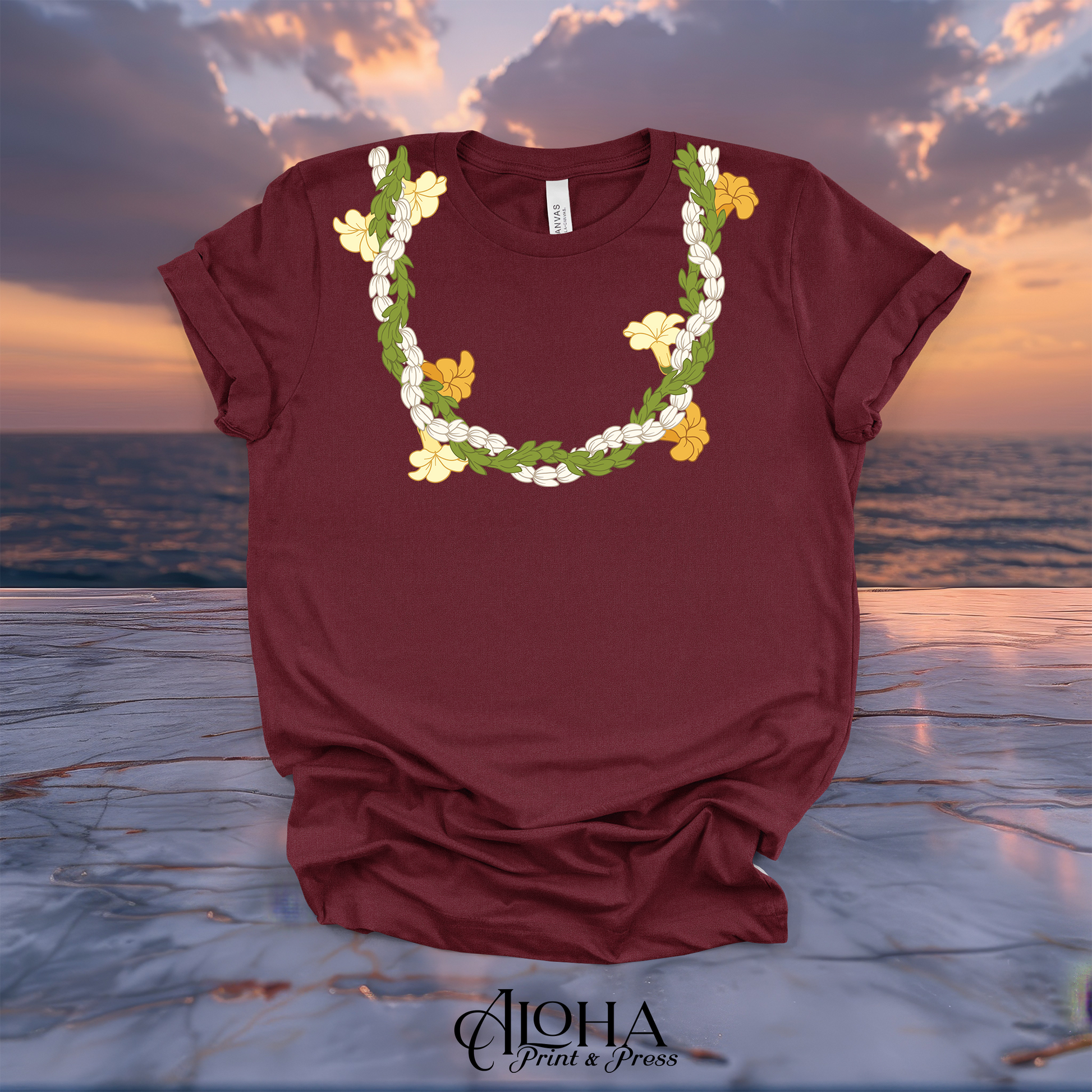 Maroon dark red premium unisex t-shirt featuring a detailed digital print of a Pikake, Pakalana, and Puakenikeni lei garland