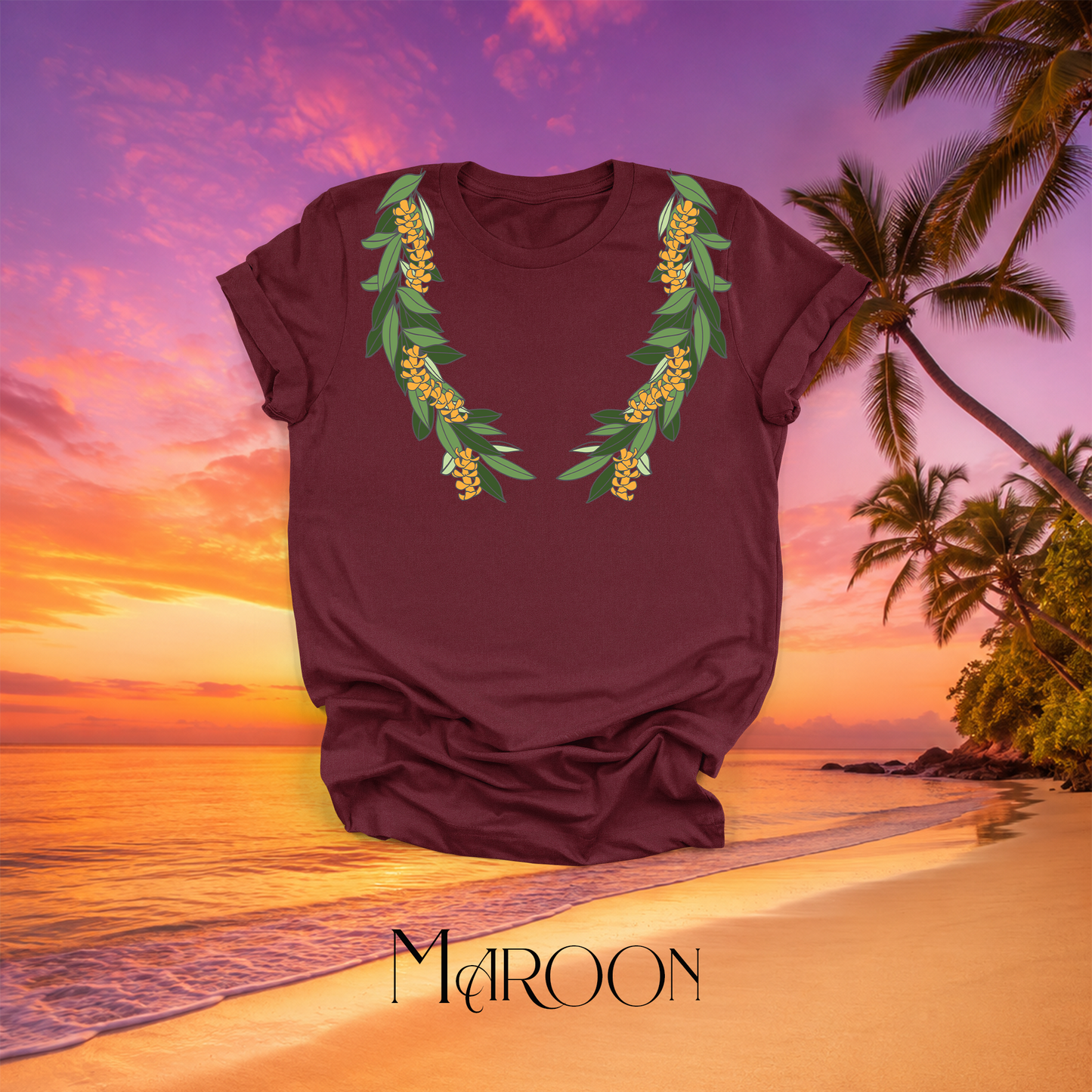 Maroon Hawaiian lei t-shirt featuring maile leaves and puakenikeni flowers