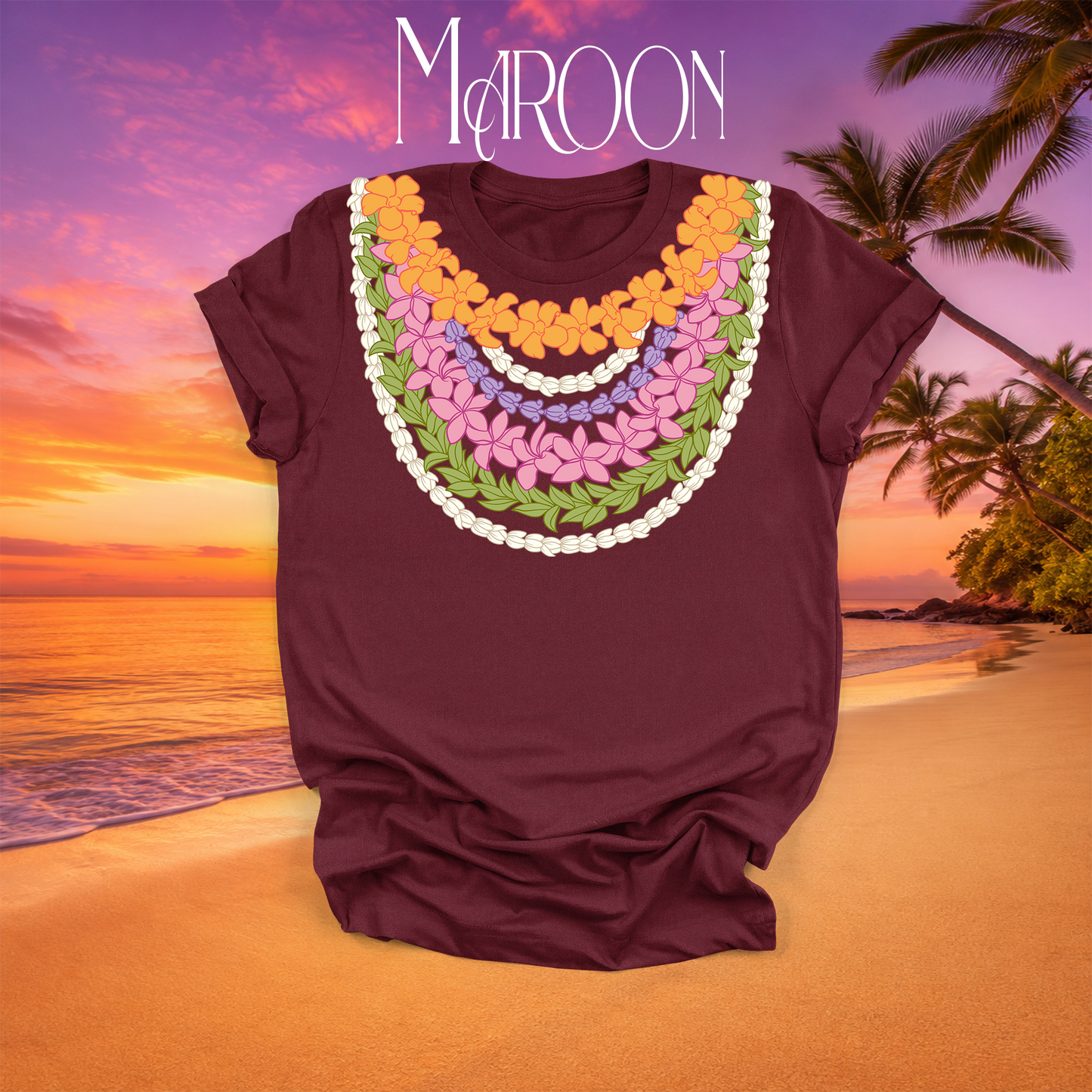 Multi-Strand Hawaiian Lei T-Shirt in Maroon