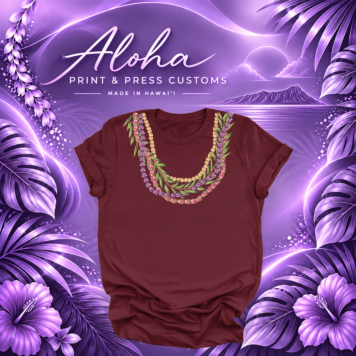Maroon Maile Lokelani Pikake Crown Flower lei T-shirt mockup