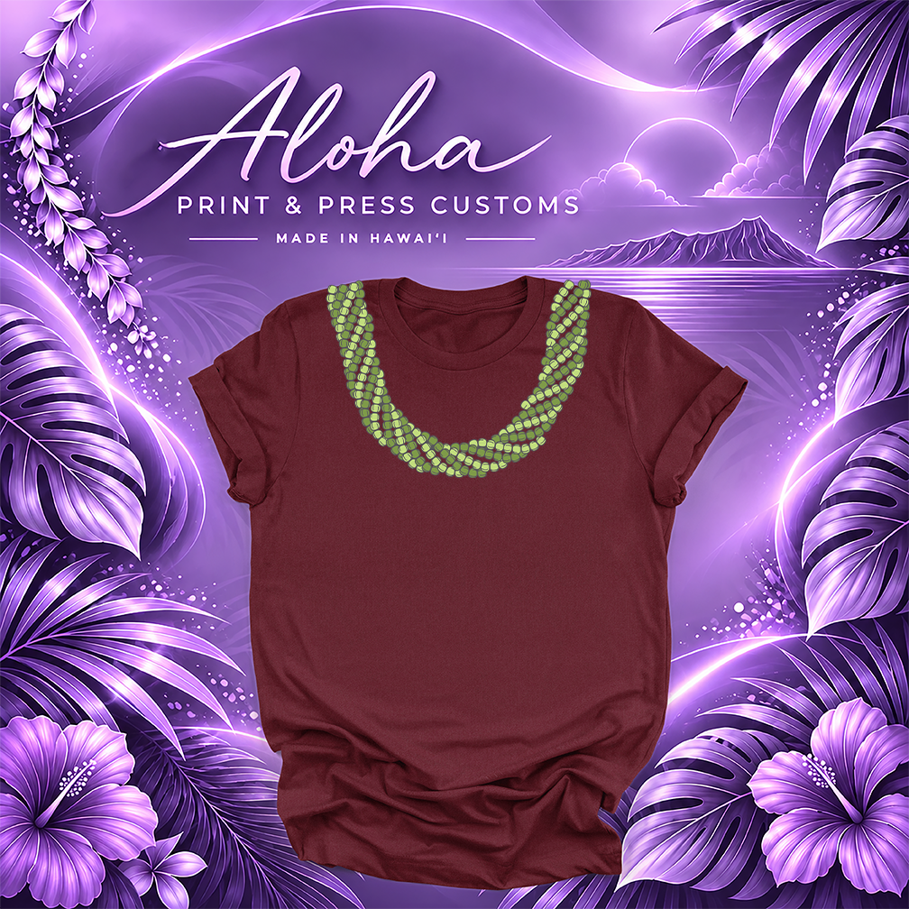 Maroon T-shirt featuring a Mokihana lei design