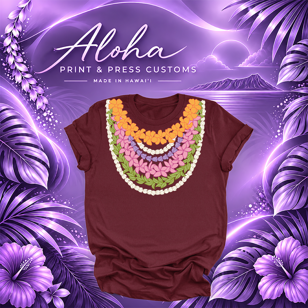 Maroon T-shirt featuring a multi-strand Hawaiian lei design
