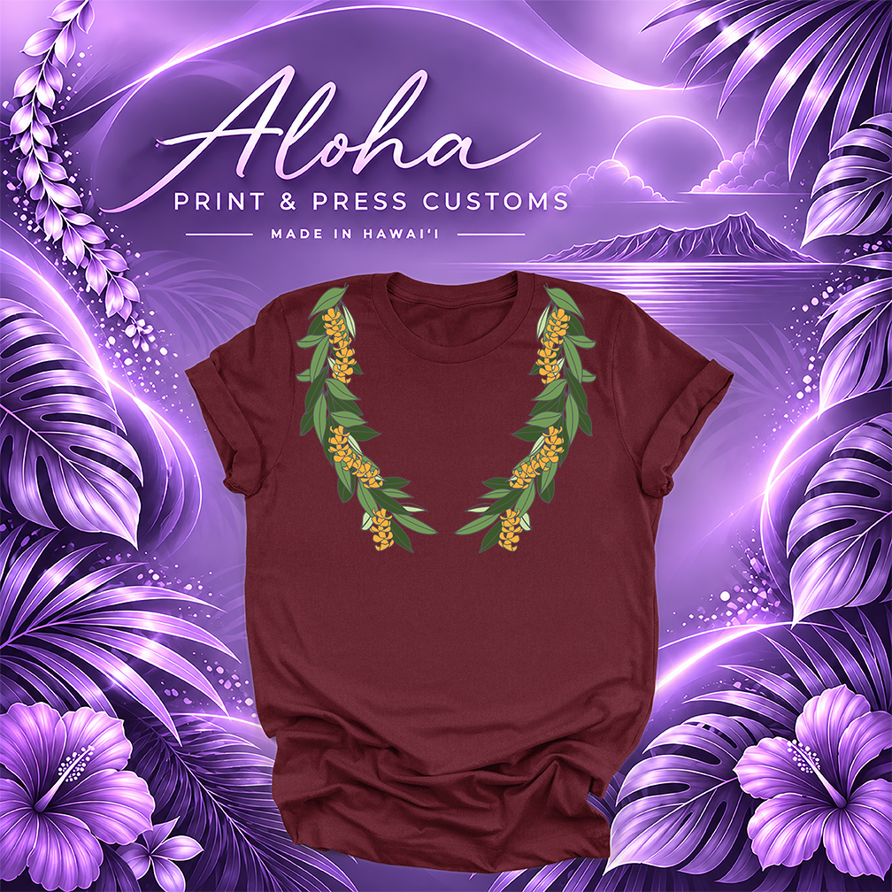 Maroon T-shirt featuring a Maile and Puakenikeni lei design