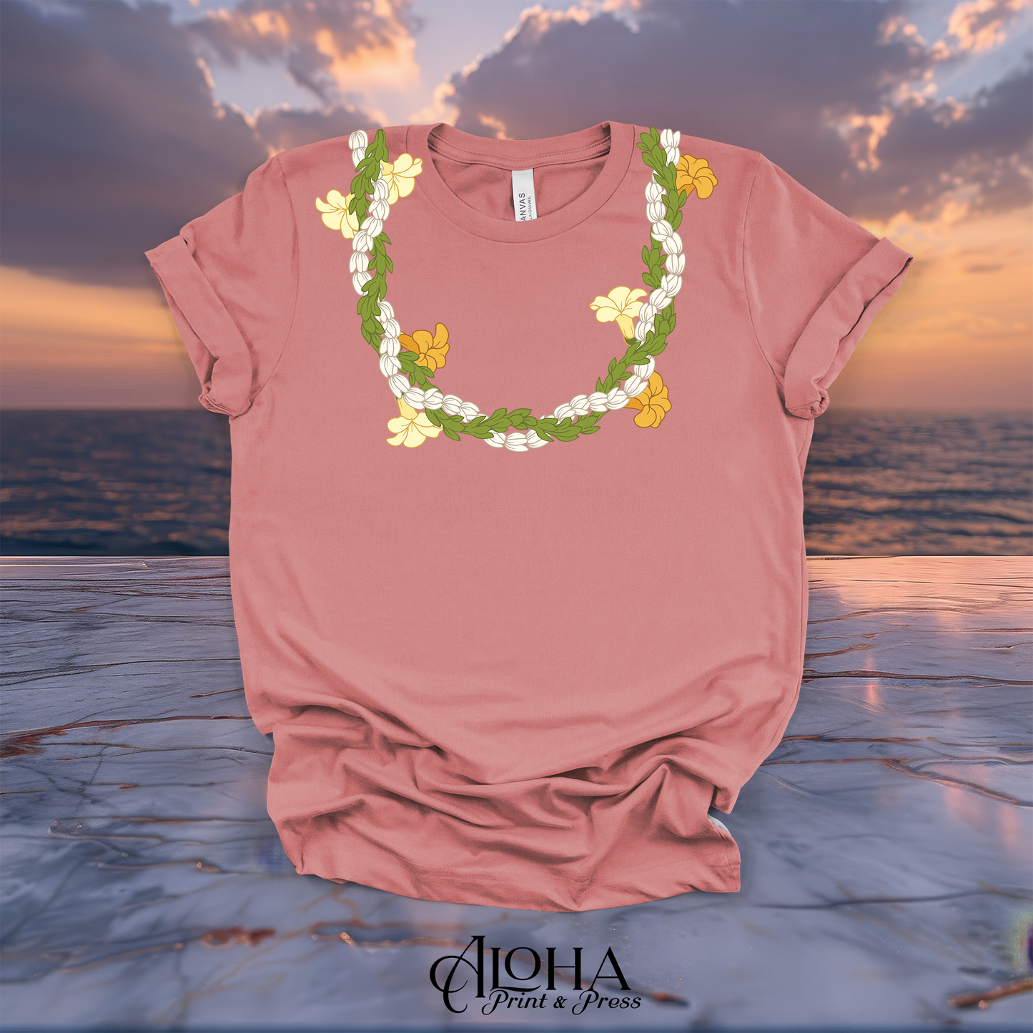 Mauve pink botanical collection shirt showcasing an authentic Hawaiian style Pikake, Pakalana, and Puakenikeni lei design