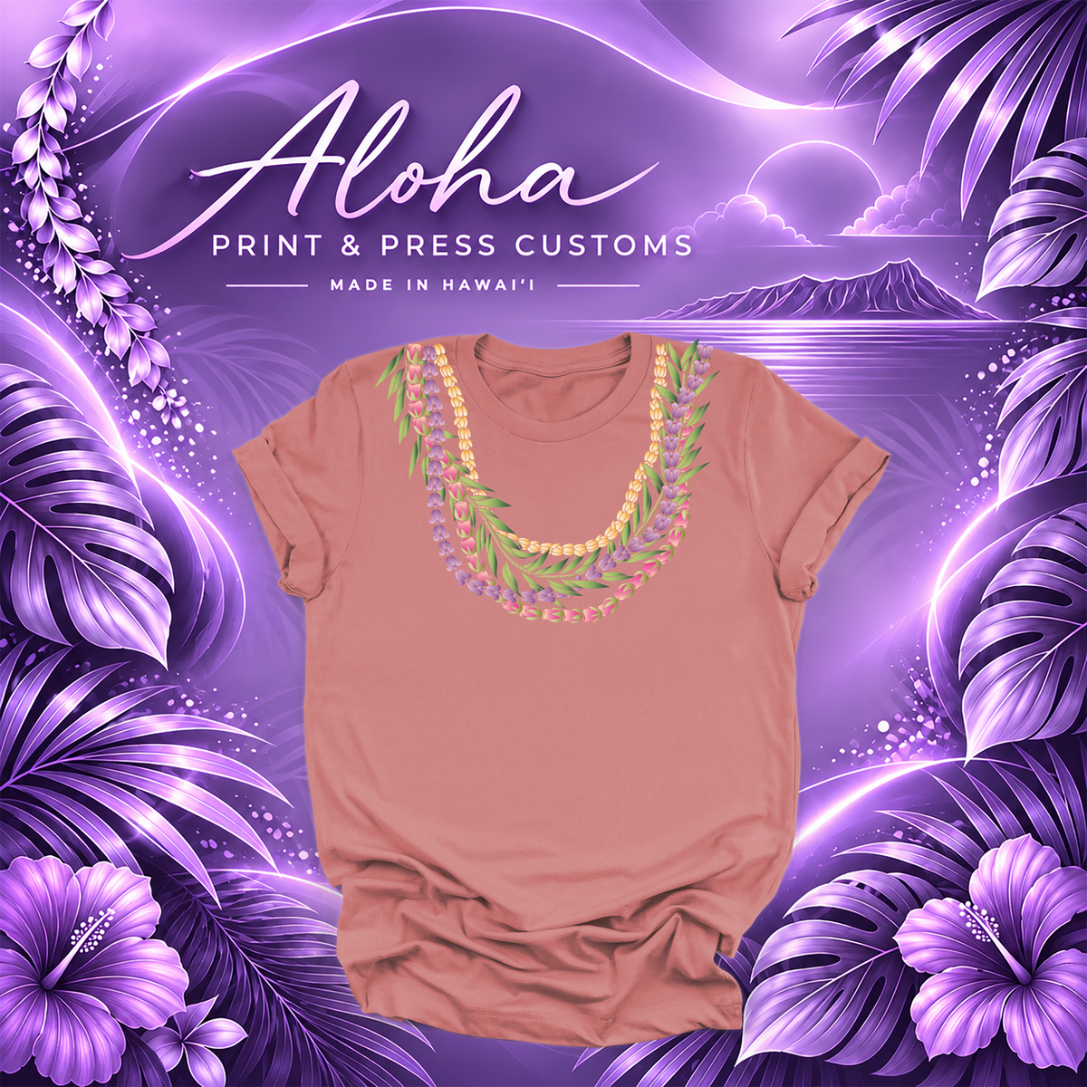 Mauve Maile Lokelani Pikake Crown Flower lei T-shirt mockup