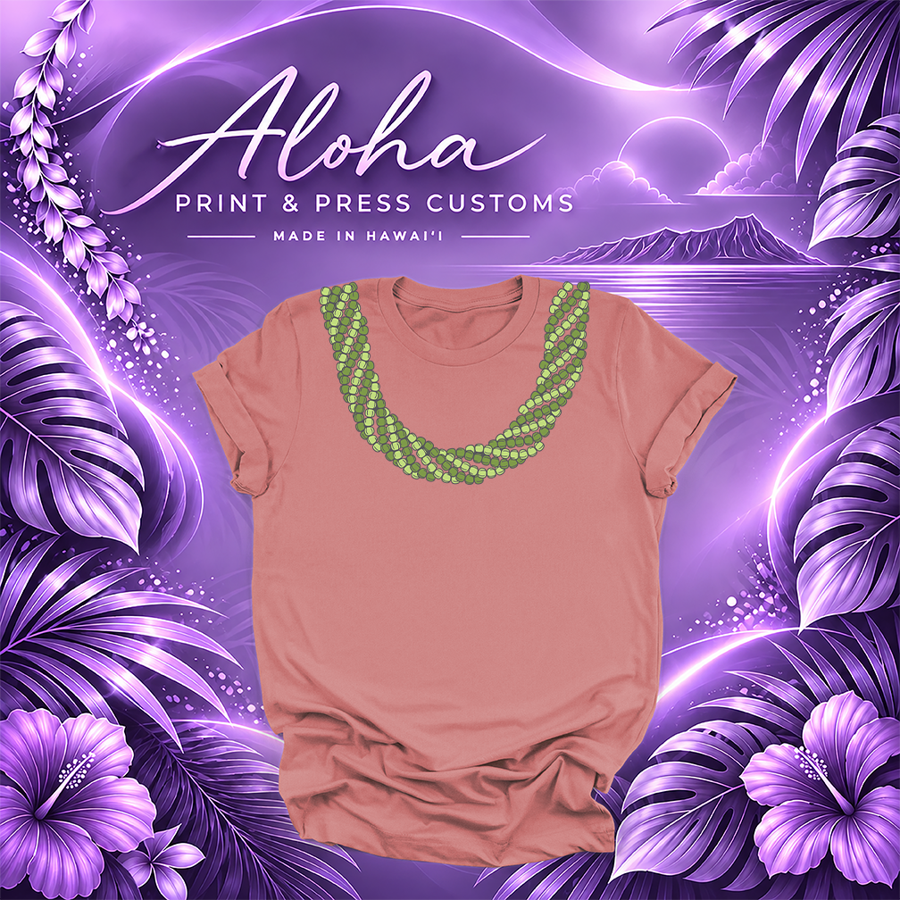 Mauve T-shirt featuring a Mokihana lei design