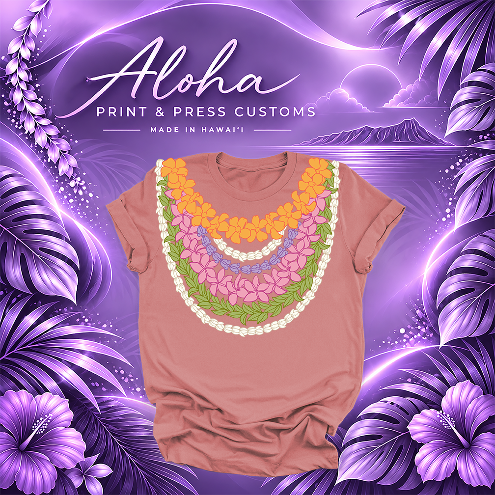 Mauve T-shirt featuring a multi-strand Hawaiian lei design