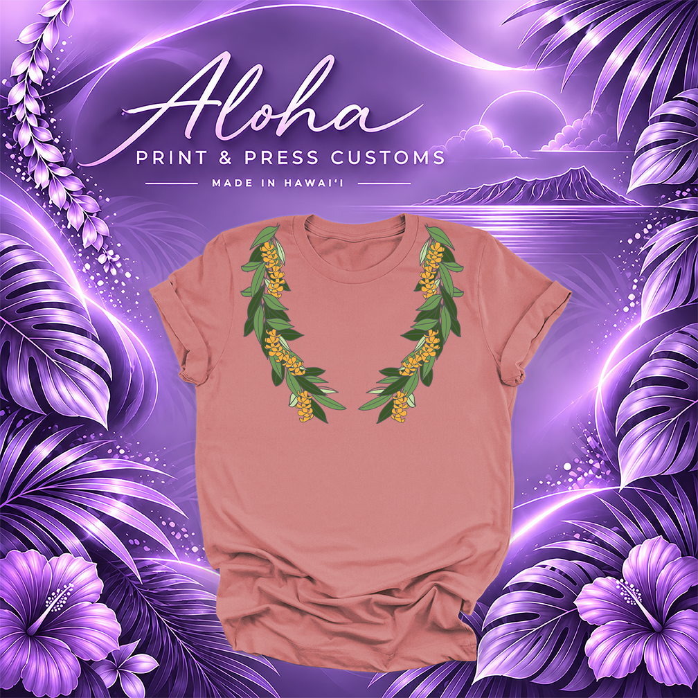 Mauve T-shirt featuring a Maile and Puakenikeni lei design