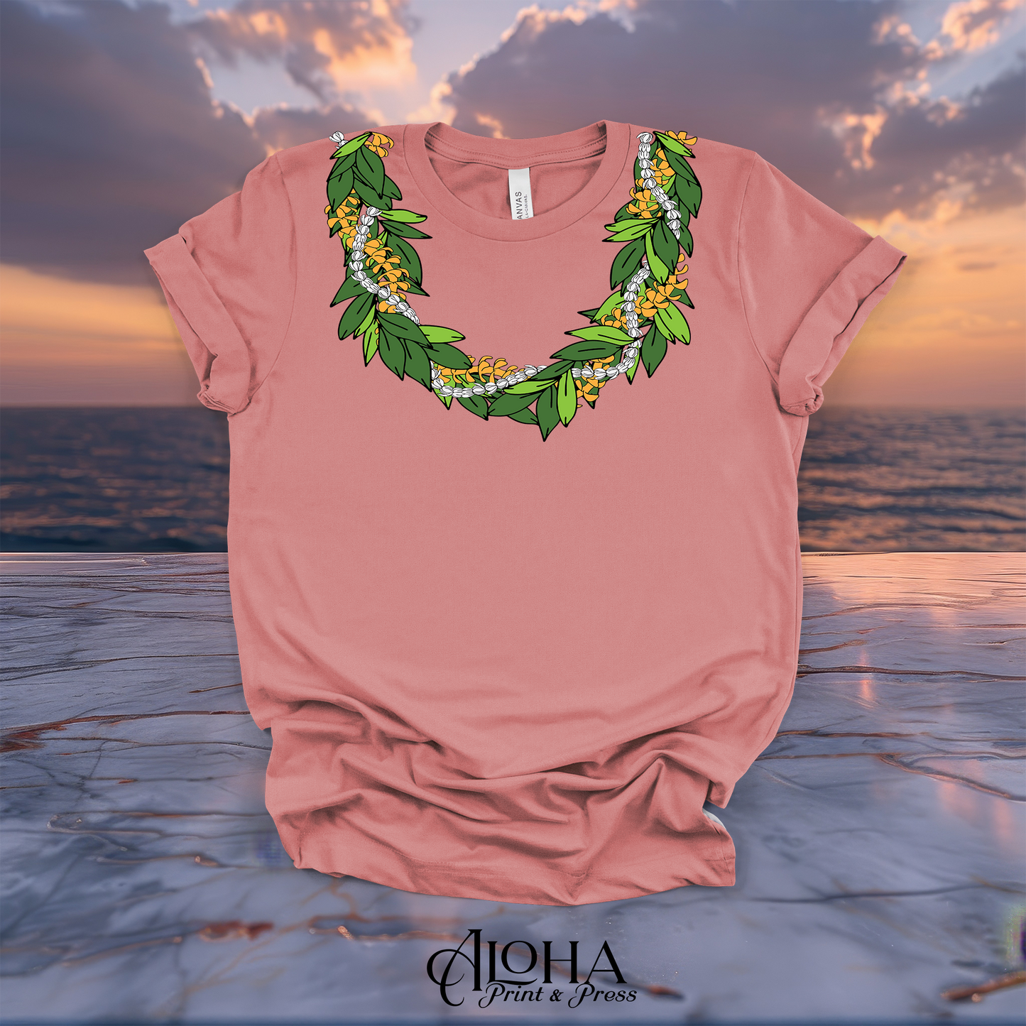Mauve Maile puakenikeni pikake lei shirt with a colorful Hawaiian floral neckline design
