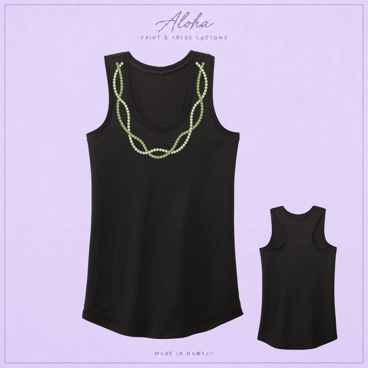 Black racerback tank with intertwined green Mokihana lei strands printed on the front, shown front and back.
