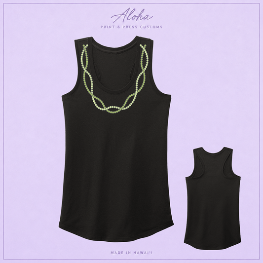 Black racerback tank with intertwined green Mokihana lei strands printed on the front, shown front and back.