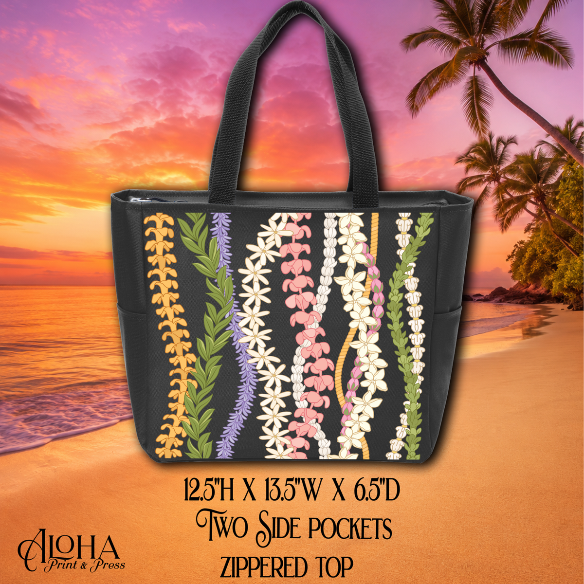 Multi-Strand Hawaiian Lei zippered tote bag in black