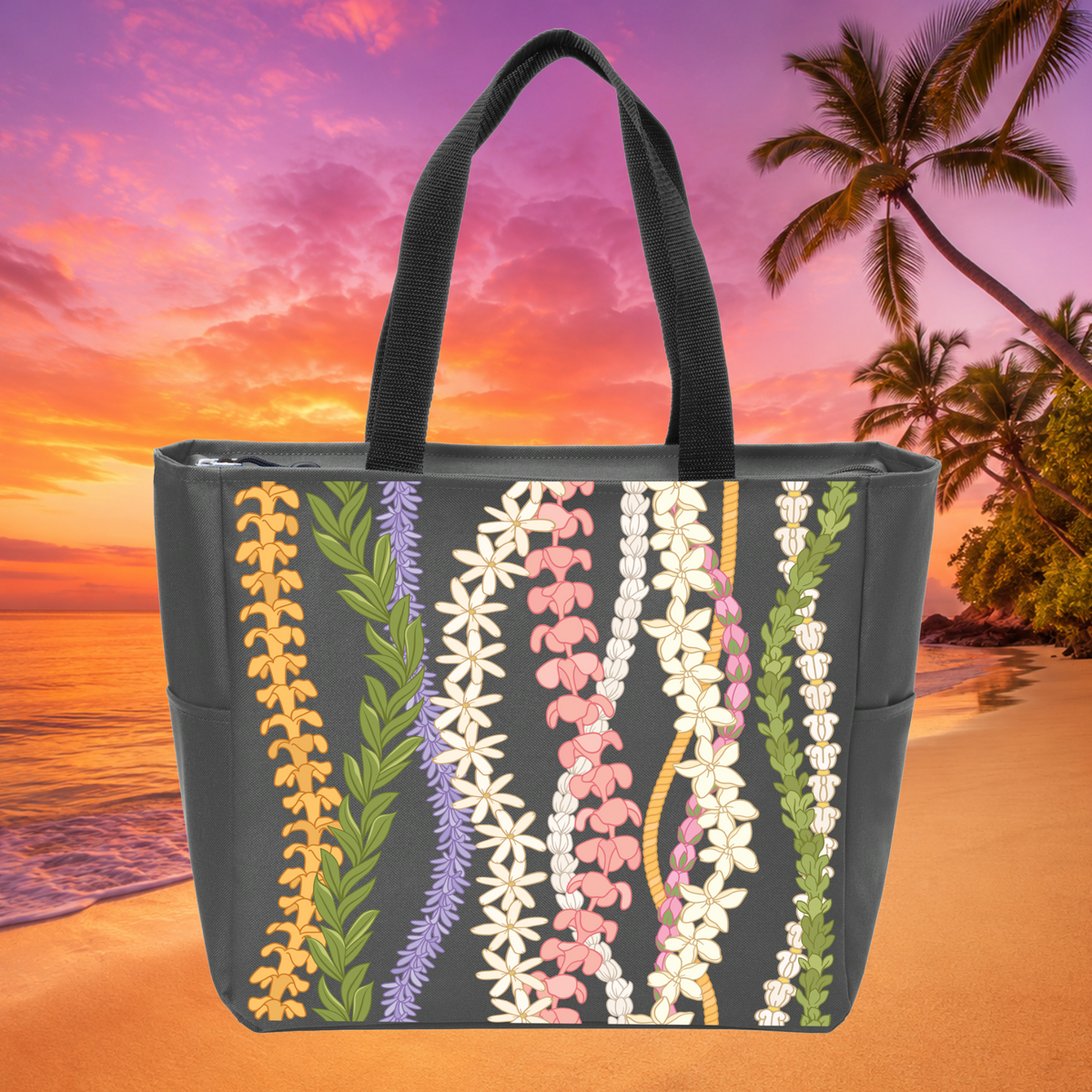 Multi-Strand Hawaiian Lei zippered tote bag in charcoal