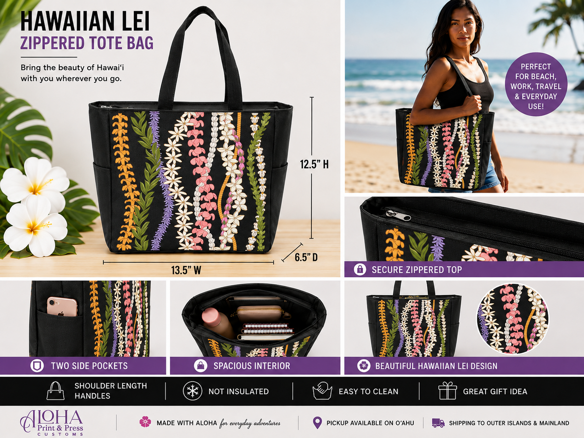 Multi-Strand Hawaiian Lei zippered tote bag product details and features