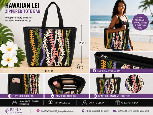 Multi-Strand Hawaiian Lei zippered tote bag product details and features