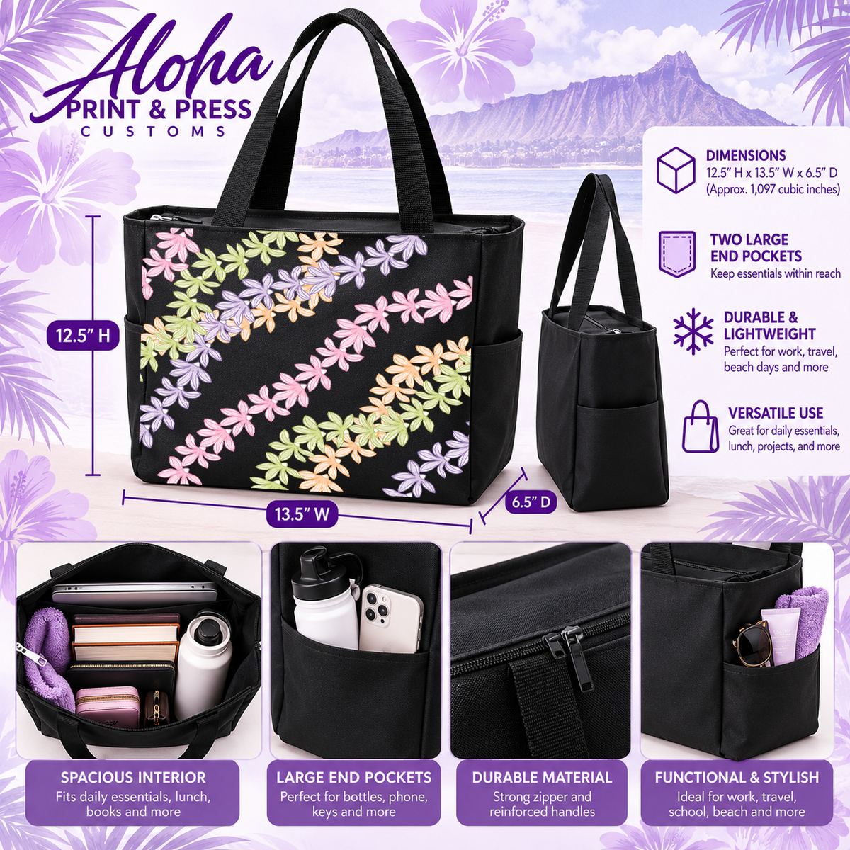 Naupaka Hawaiian zippered tote bag in black