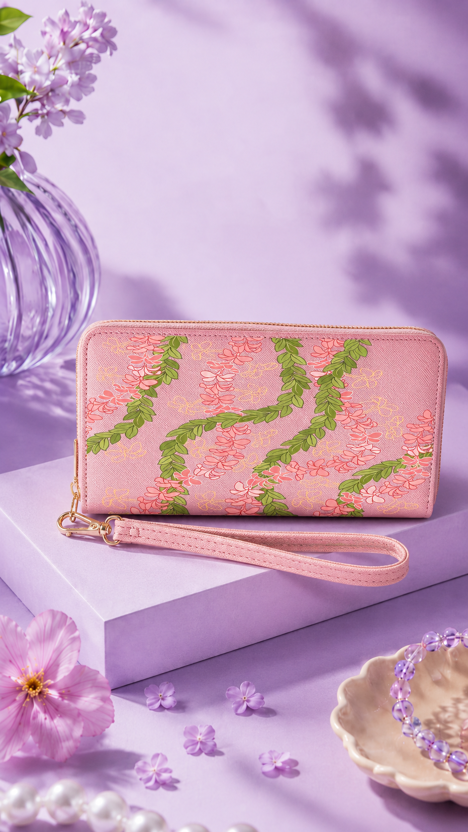 Lei Vibes floral wristlet wallet in pink with detachable strap