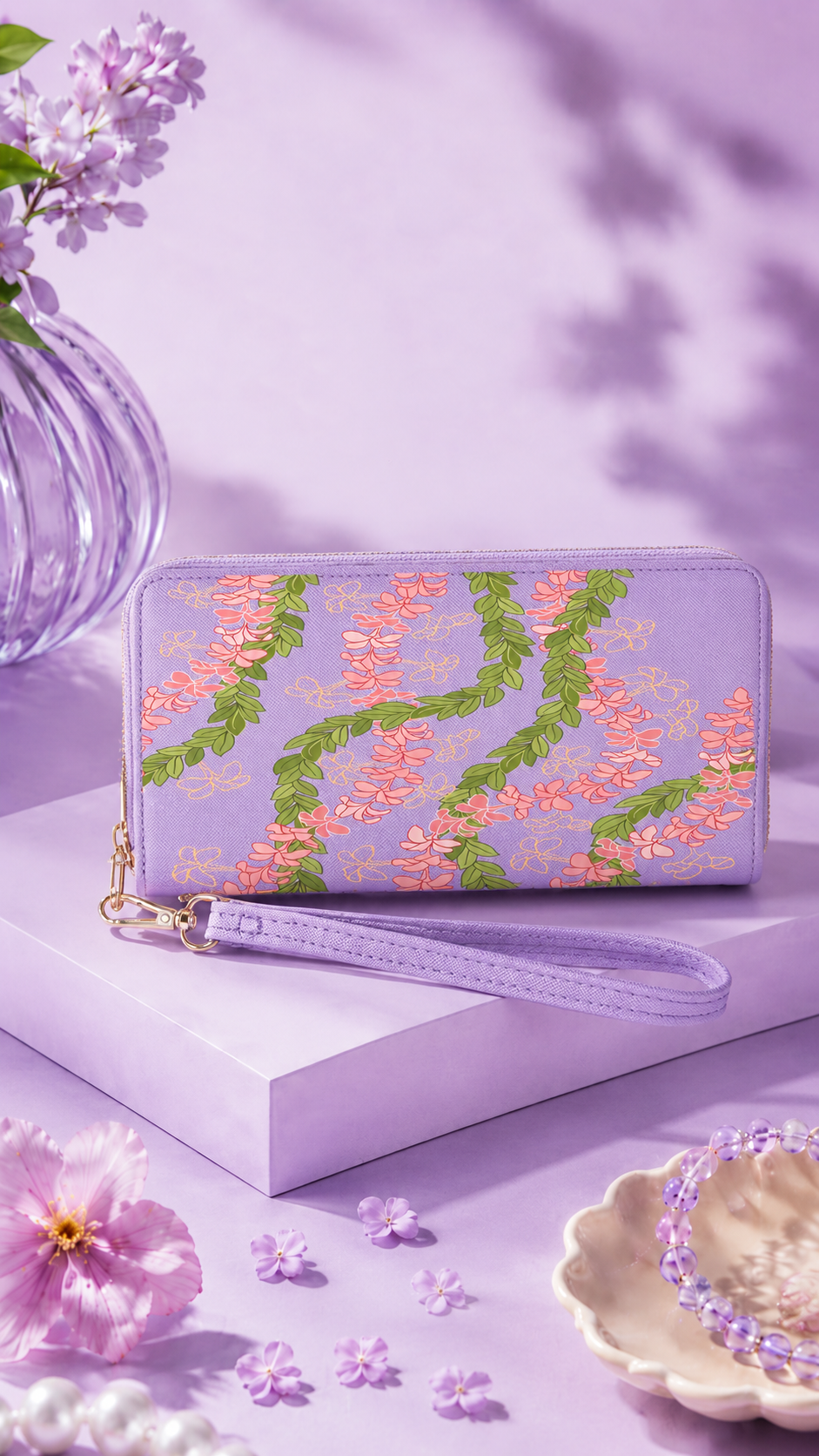 Purple island-inspired lei wristlet wallet with floral design