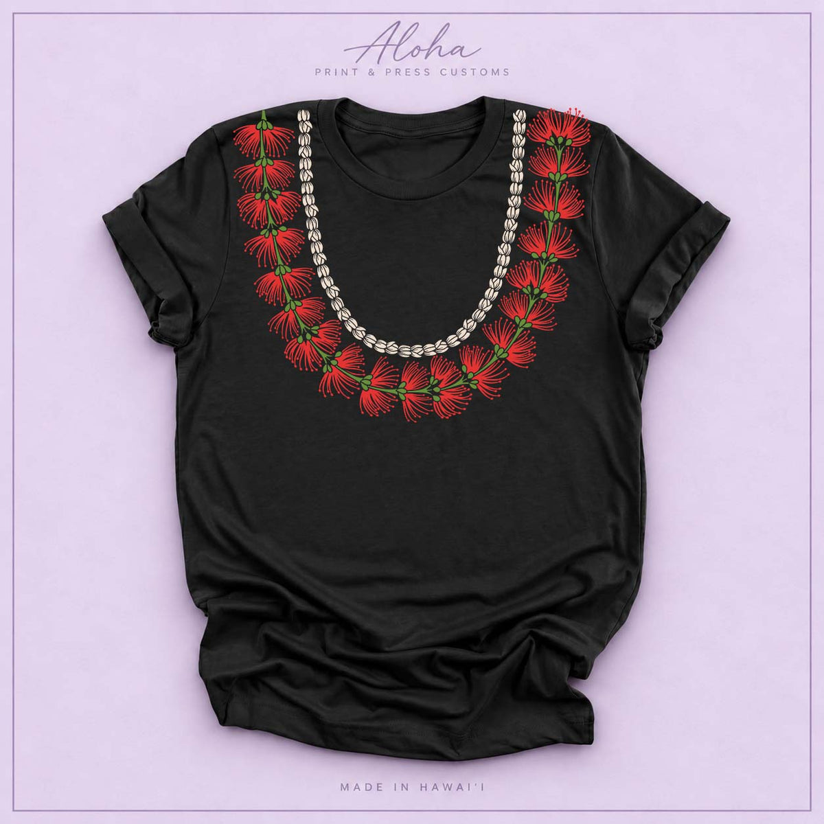 Black T-shirt featuring a ʻŌhiʻa Lehua and pikake lei design