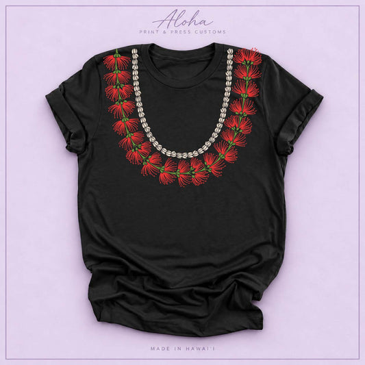 Black T-shirt featuring a ʻŌhiʻa Lehua and pikake lei design