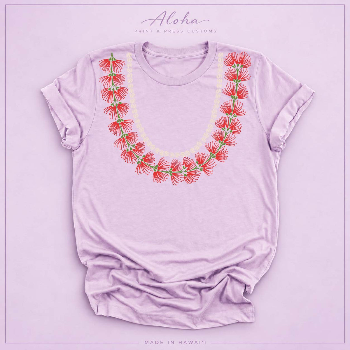 Lilac T-shirt featuring a ʻŌhiʻa Lehua and pikake lei design
