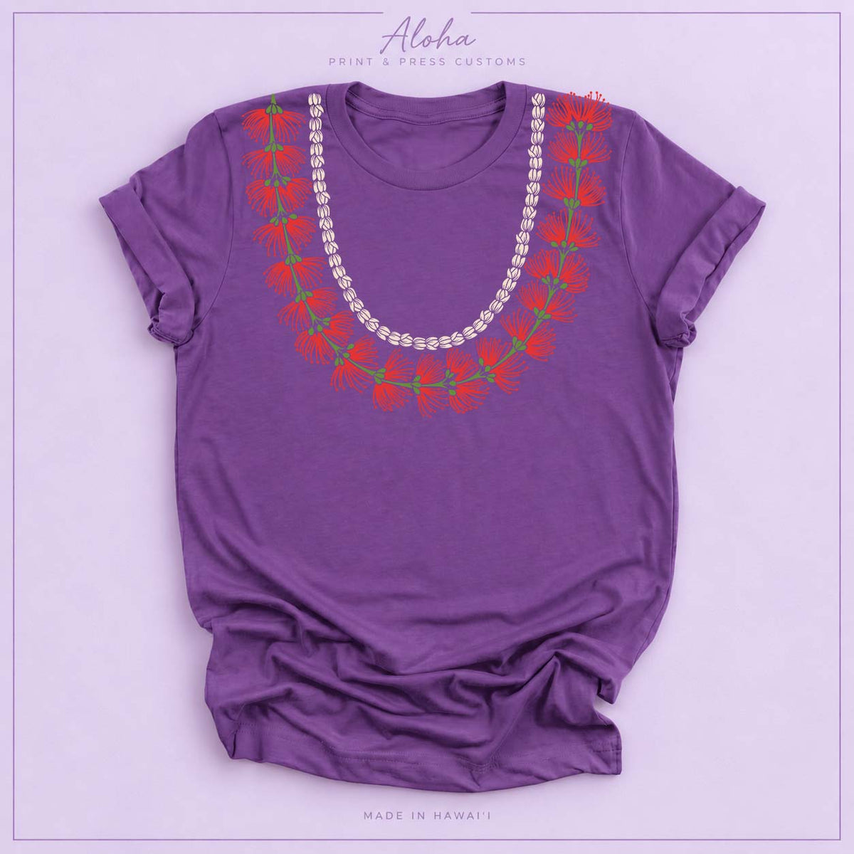 Purple T-shirt featuring a ʻŌhiʻa Lehua and pikake lei design
