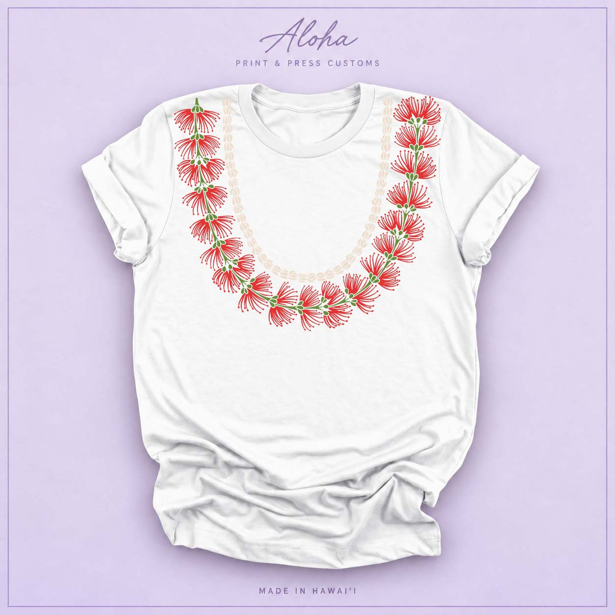 White T-shirt featuring a ʻŌhiʻa Lehua and pikake lei design
