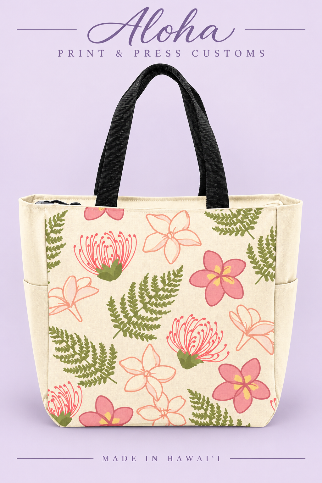 ʻŌhiʻa, Plumeria, Palapalai & Pikake Hawaiian zippered tote bag in stone