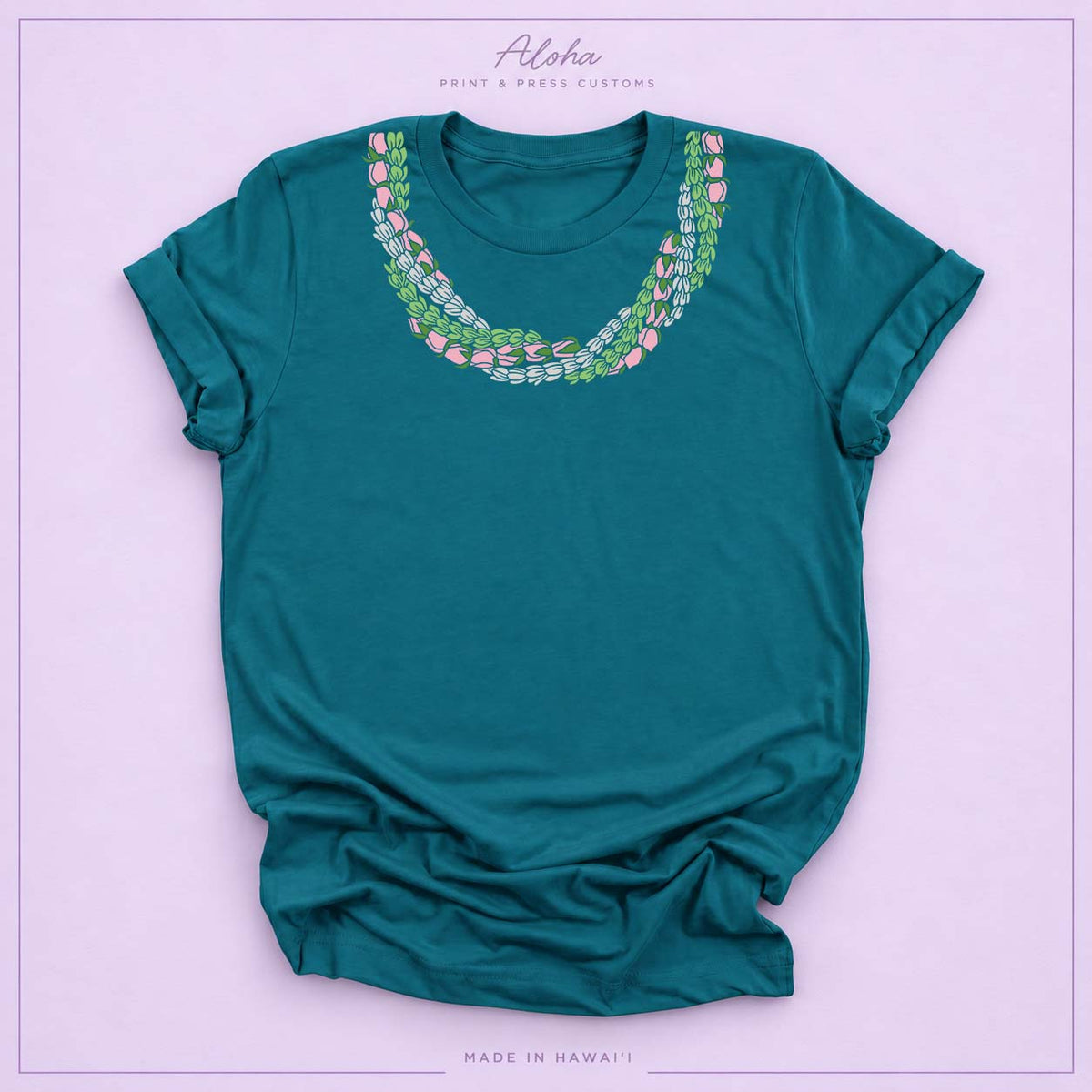 Deep Teal Pakalana Lokelani and Pikake Lei Shirt
