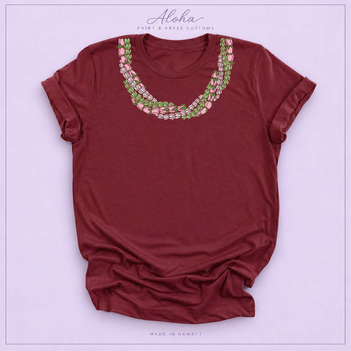 Maroon Pakalana Lokelani and Pikake Lei Shirt