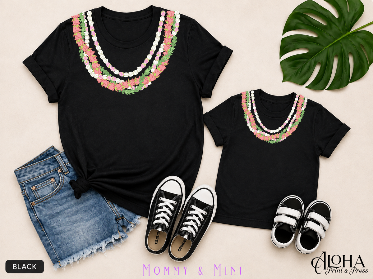 Pakalana Pikake Lokelani Mommy and Mini matching lei shirts in black