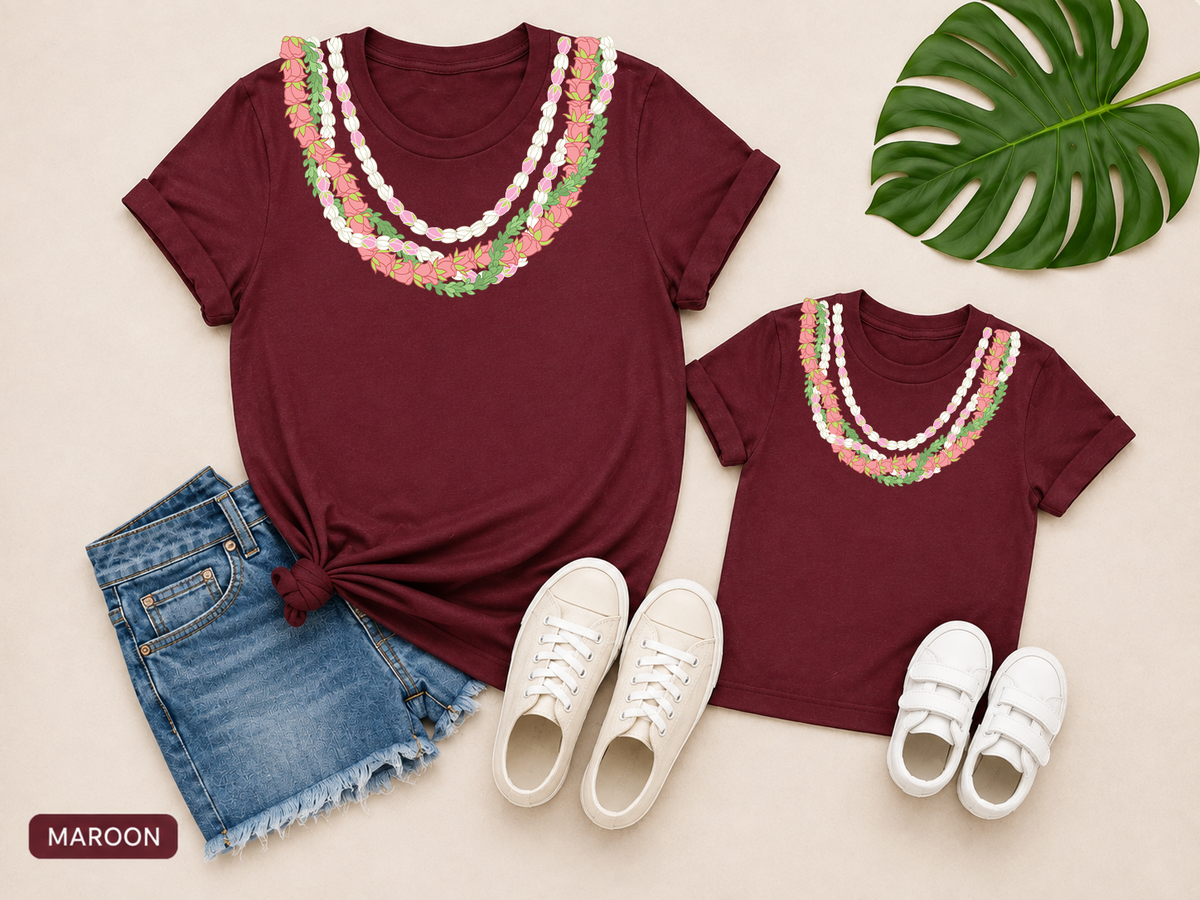 Pakalana Pikake Lokelani Mommy and Mini matching lei shirts in maroon