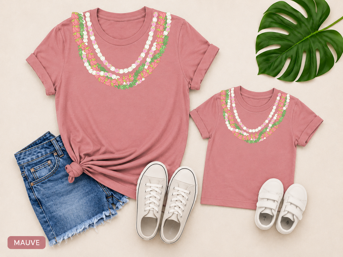 Pakalana Pikake Lokelani Mommy and Mini matching lei shirts in mauve