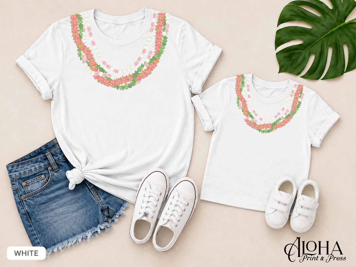 Pakalana Pikake Lokelani Mommy and Mini matching lei shirts in white