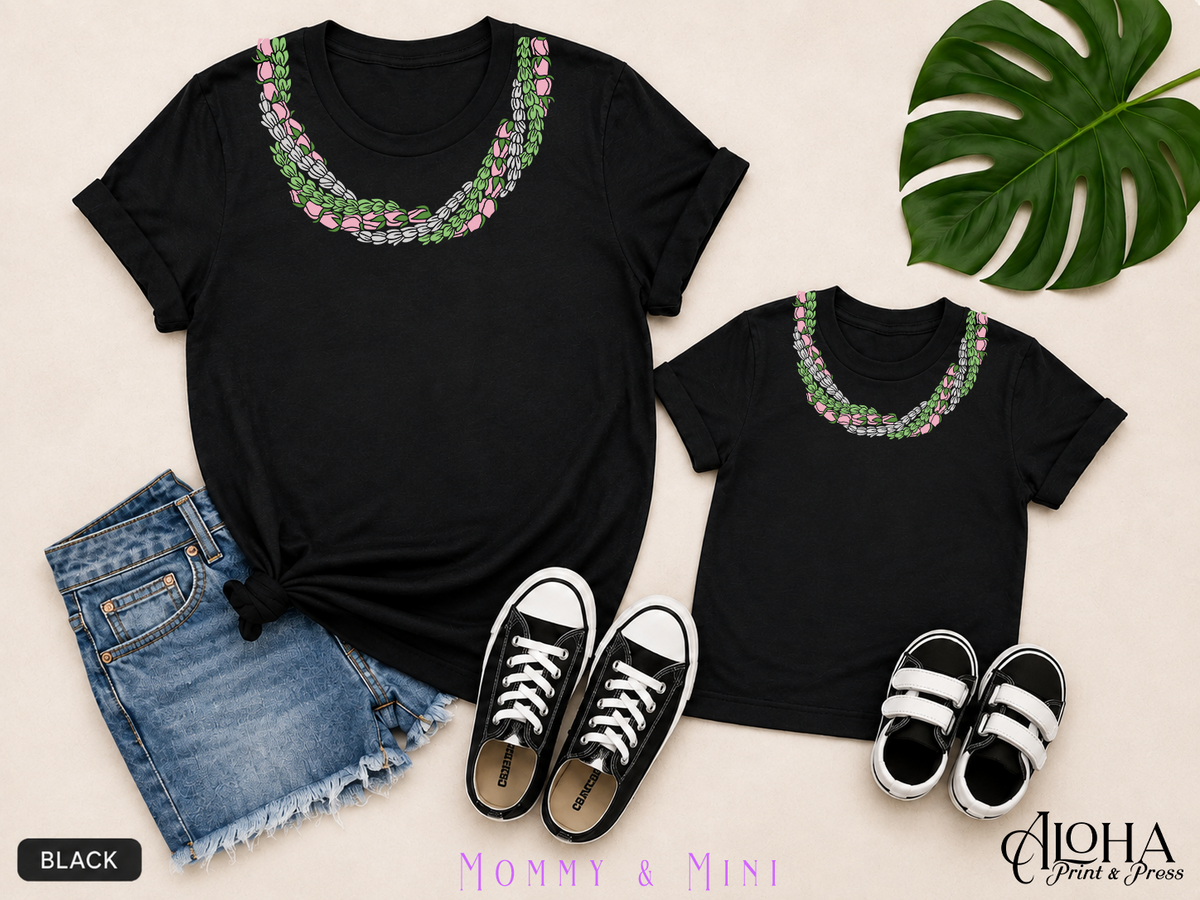 Pakalana Pikake Lokelani Twist Lei Mommy and Mini matching shirts in black