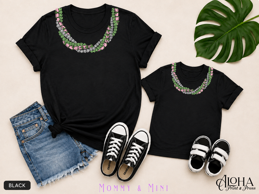 Pakalana Pikake Lokelani Twist Lei Mommy and Mini matching shirts in black