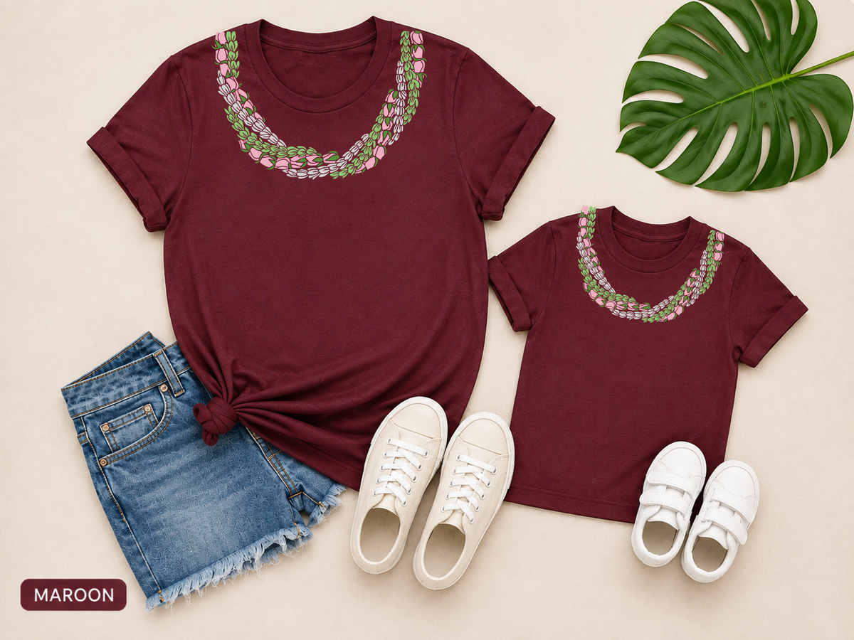 Pakalana Pikake Lokelani Twist Lei Mommy and Mini matching shirts in maroon